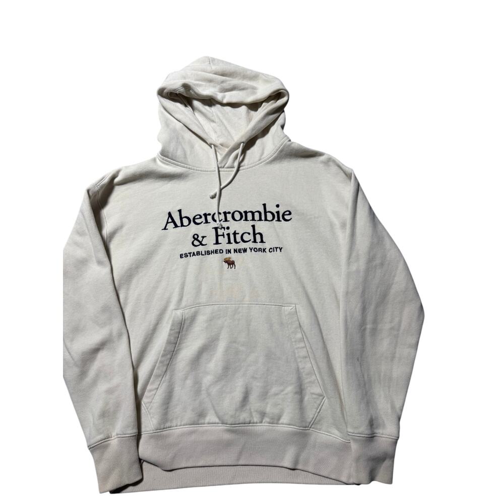 Abercrombie & Fitch Hoodie Mens S Cream Relaxed Soft A&F Fleece Graphic Pullover - Picture 6 of 16